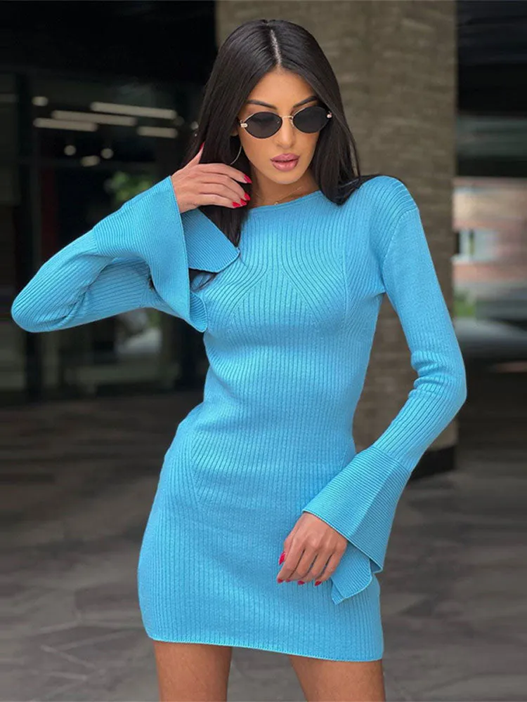 Women's Elelgant Flare Long Sleeve Knitwear Mini Dresses Summer O Neck Solid Short Dress Ladies Blue Streetwear Vestidos