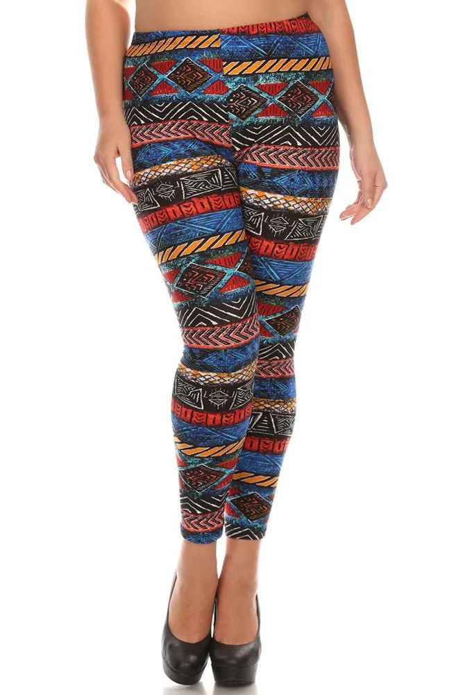 Women's Plus Colorful Ancient Shape Pattern Print Leggings - Blue Yellow Red