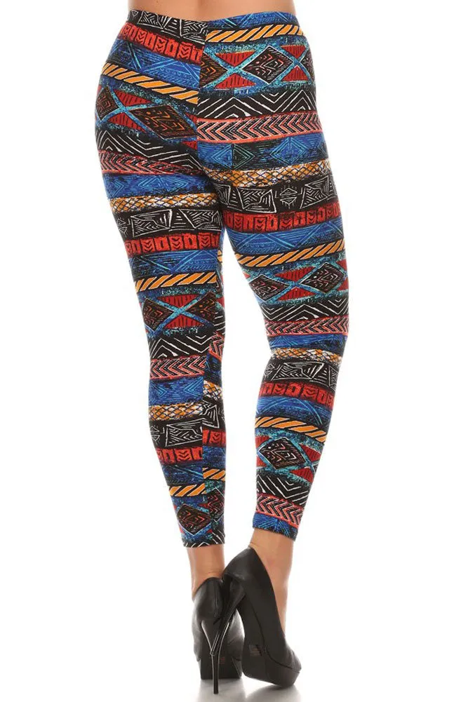 Women's Plus Colorful Ancient Shape Pattern Print Leggings - Blue Yellow Red