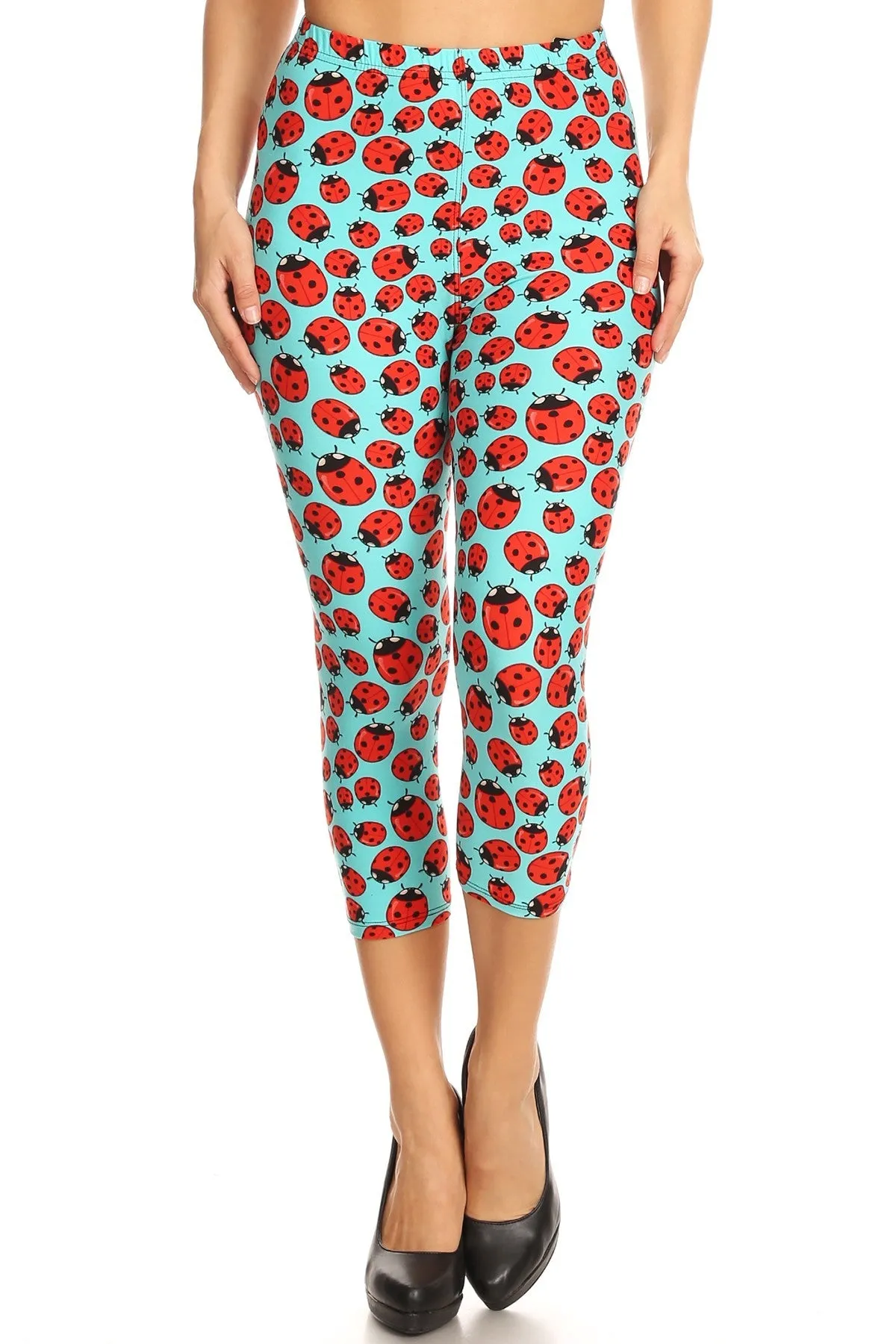 Women's Plus colorful Ladybugs Insect Printed Cropped Capri Leggings