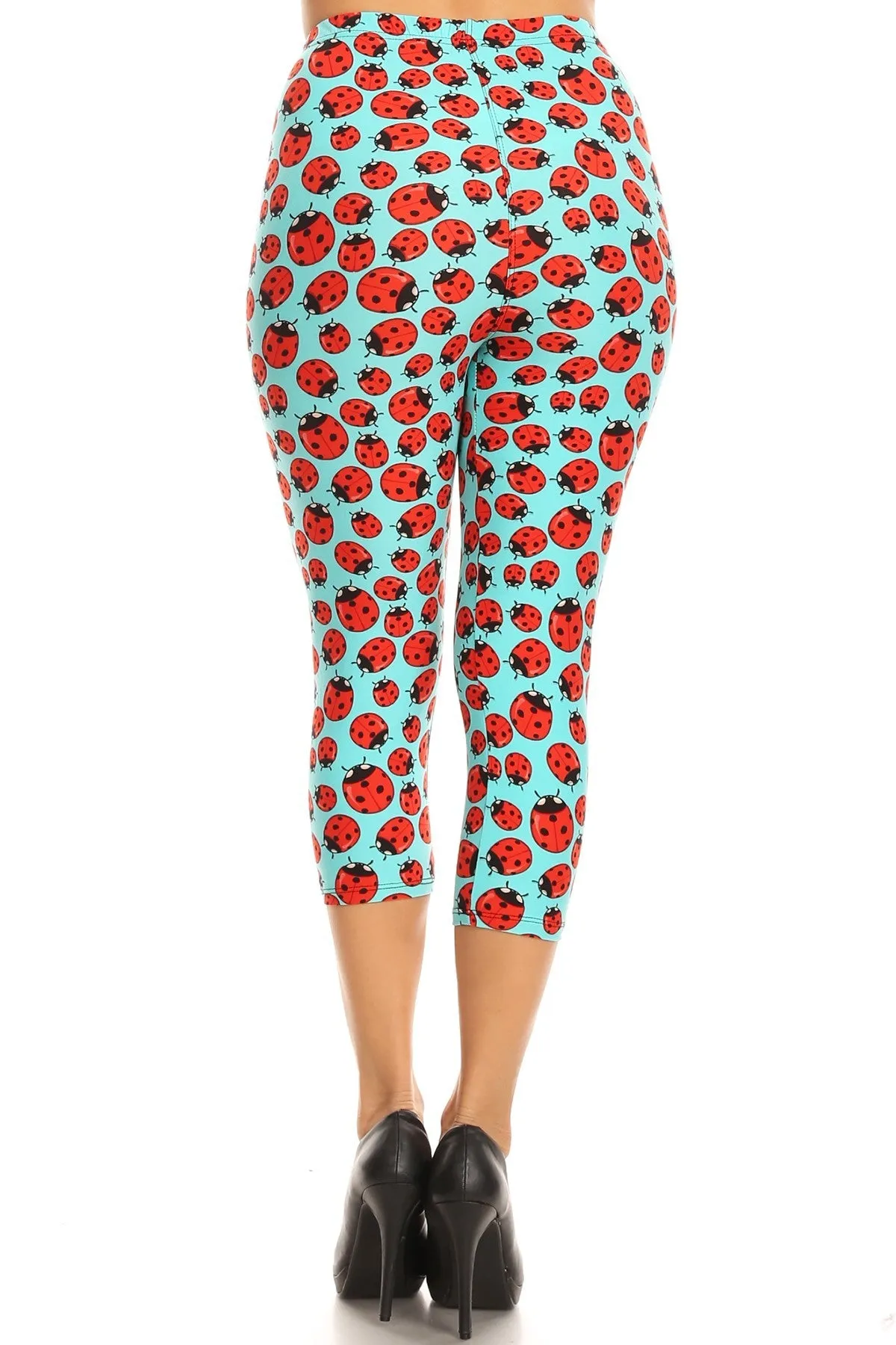 Women's Plus colorful Ladybugs Insect Printed Cropped Capri Leggings