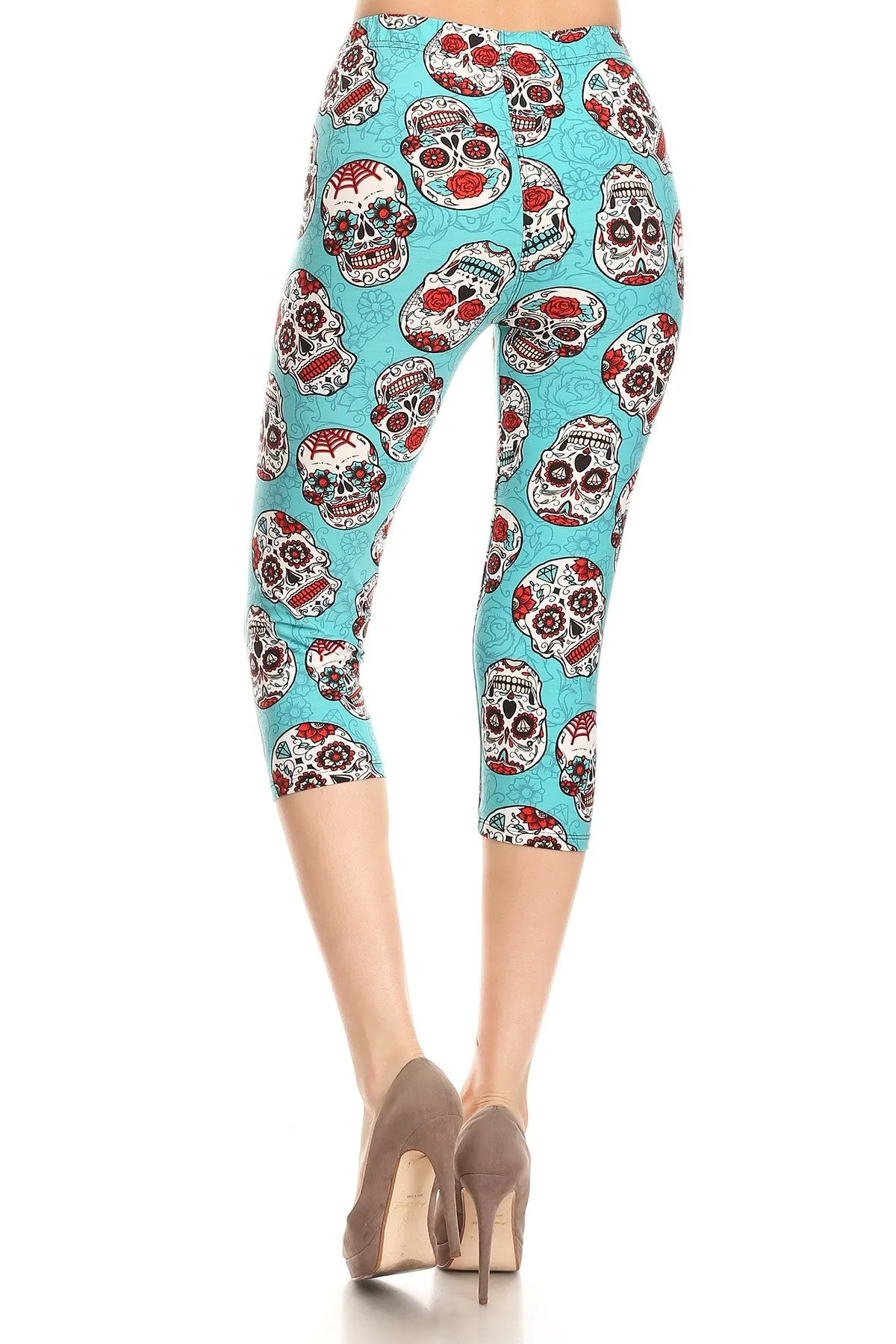 Women's Regular Teal Sugar Skulls Printed Cropped Capri Leggings