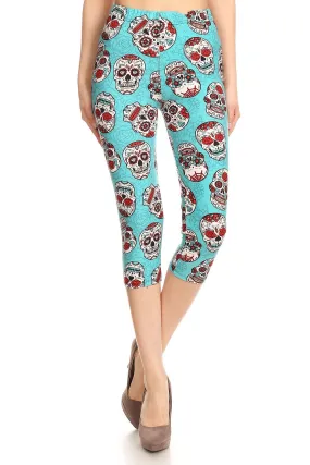 Women's Regular Teal Sugar Skulls Printed Cropped Capri Leggings