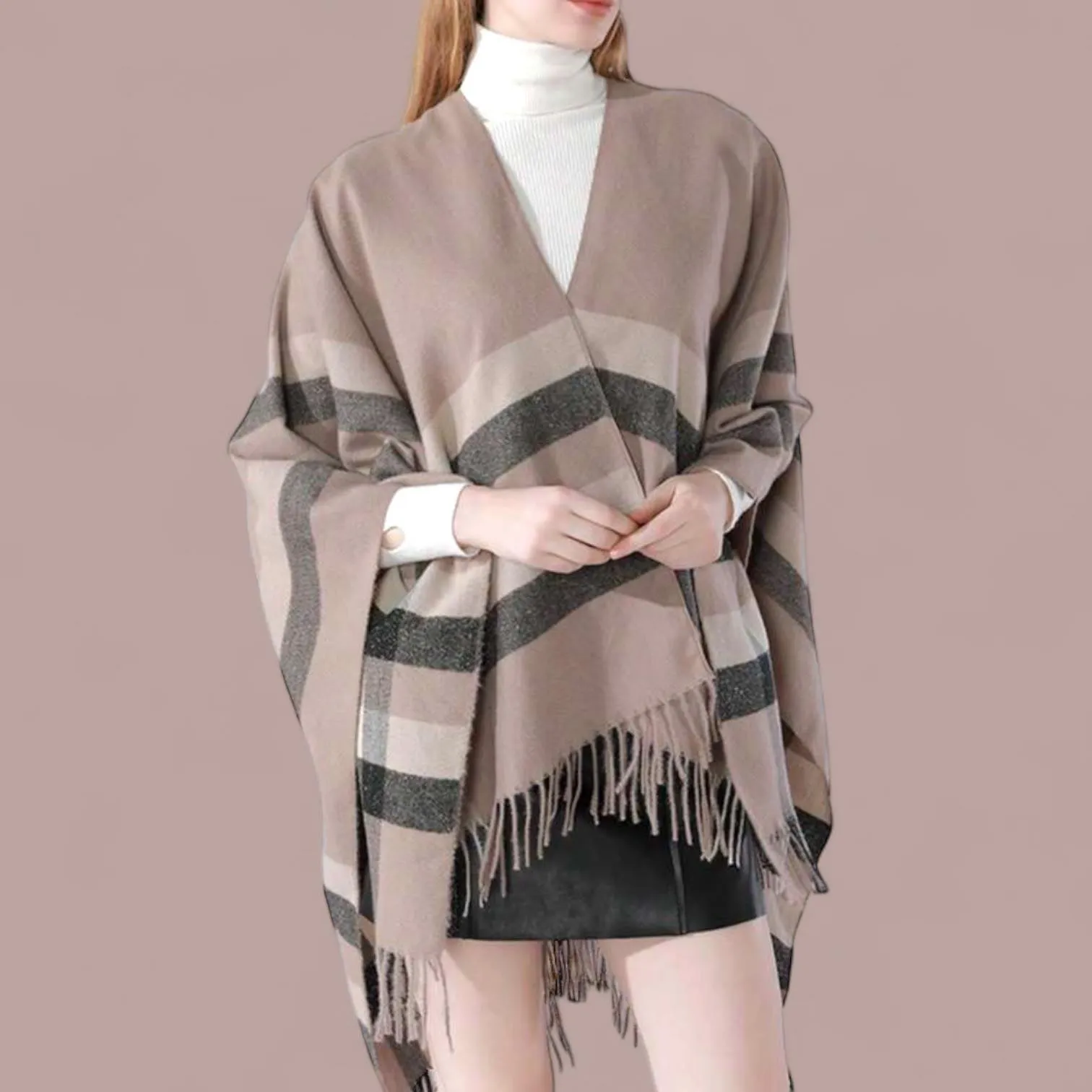 WRAP Patterned Plaid Geometric Cape Shawl