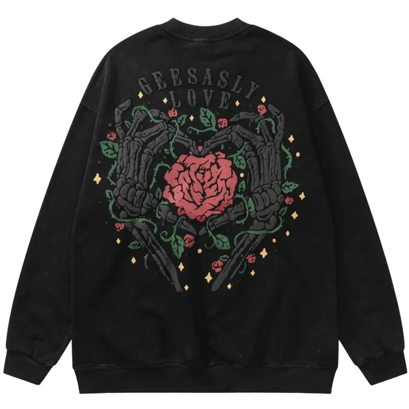 Xituodai Skeleton Hands Finger Heart Rose Round Neck Sweater Man Autumn New High Street Hip Hop Loose Heart Sweatershirt