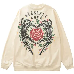 Xituodai Skeleton Hands Finger Heart Rose Round Neck Sweater Man Autumn New High Street Hip Hop Loose Heart Sweatershirt