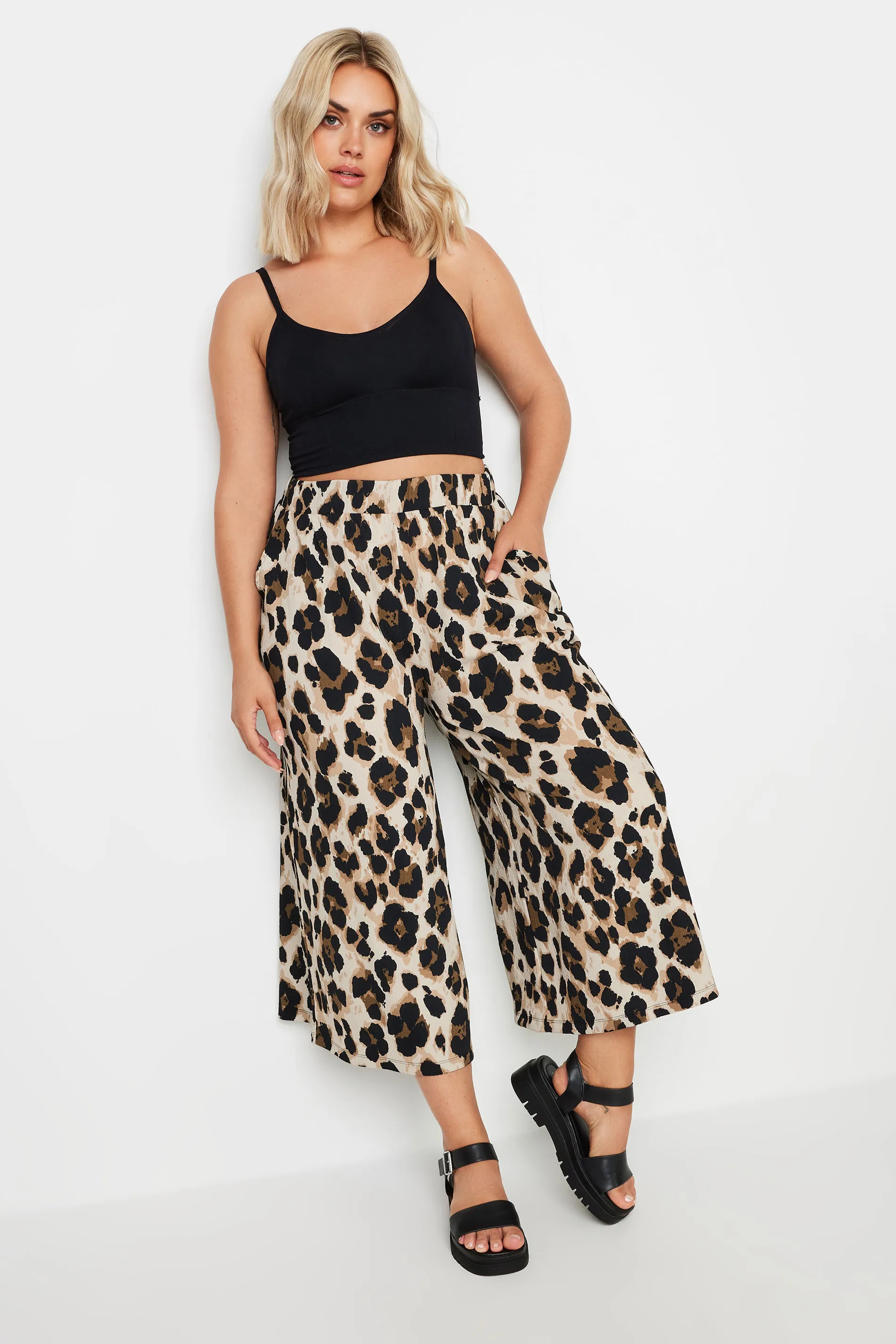 YOURS Curve Beige Brown Leopard Print Textured Culottes