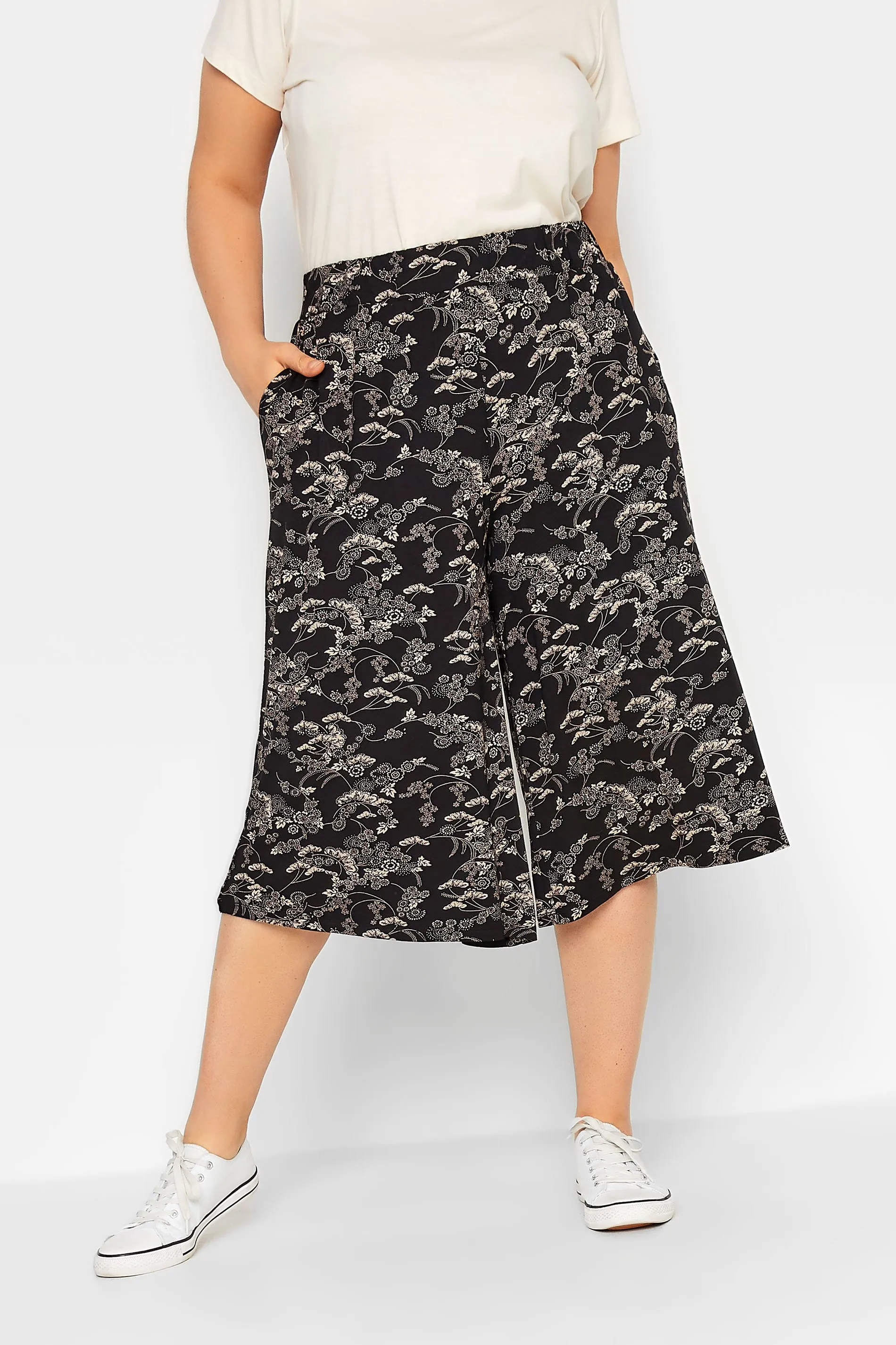 YOURS Curve Black & Cream Floral Print Culottes