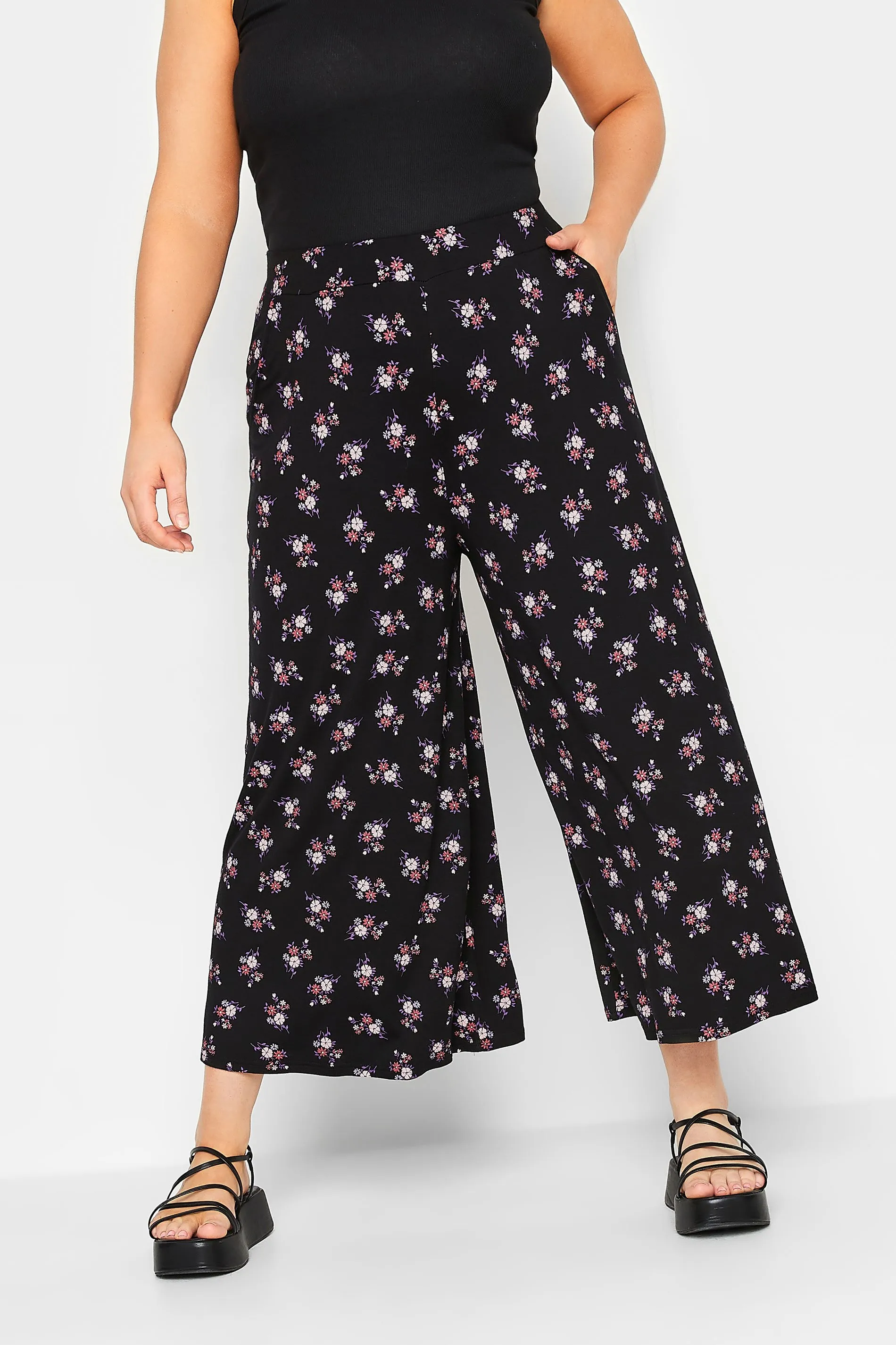 YOURS Curve Black & Pink Floral Midaxi Culottes