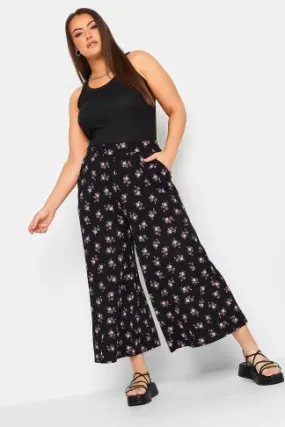 YOURS Curve Black & Pink Floral Midaxi Culottes