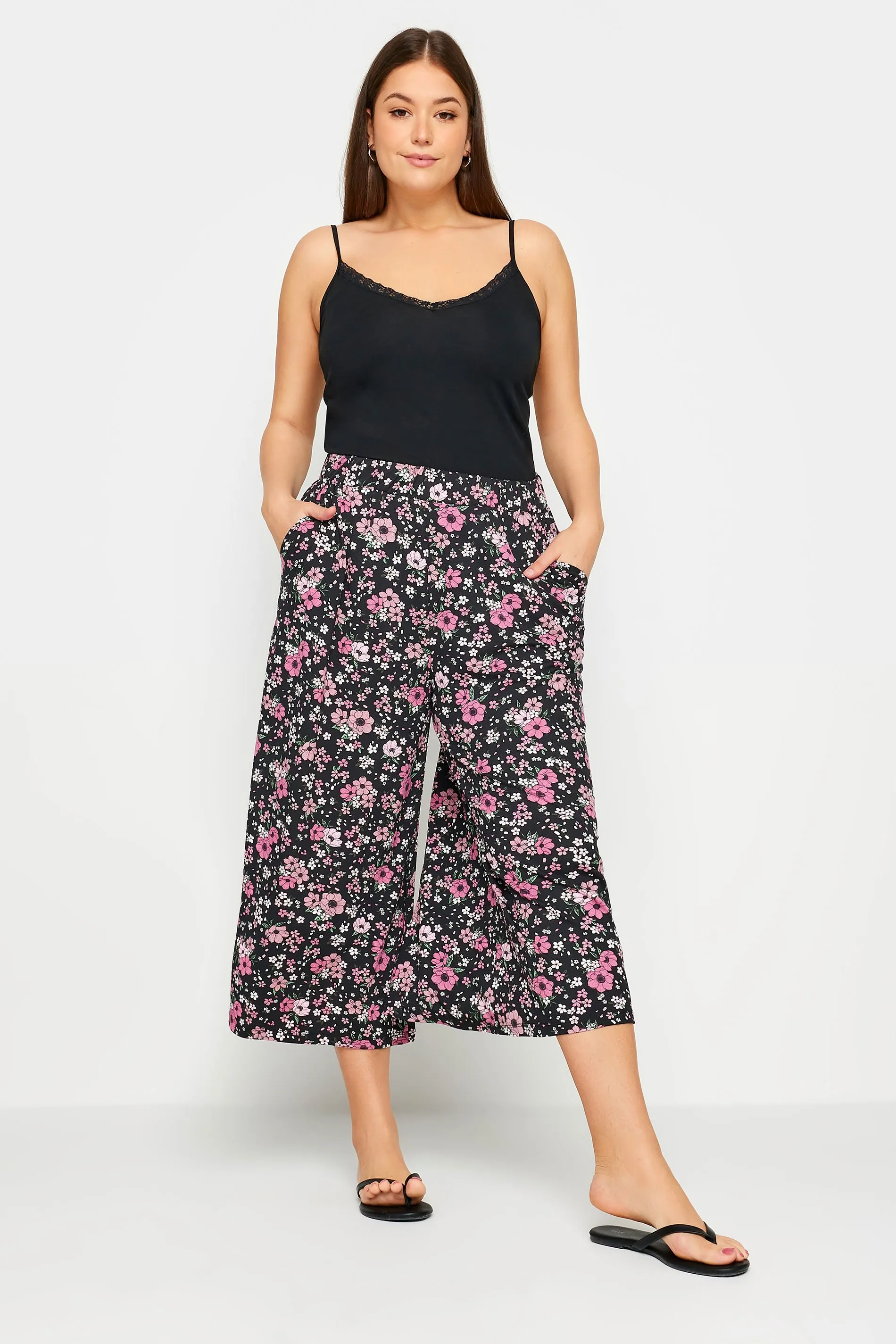 YOURS Curve Black Floral Print Midaxi Culottes