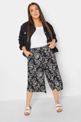 YOURS Curve Black Graphic Flower Print Culottes