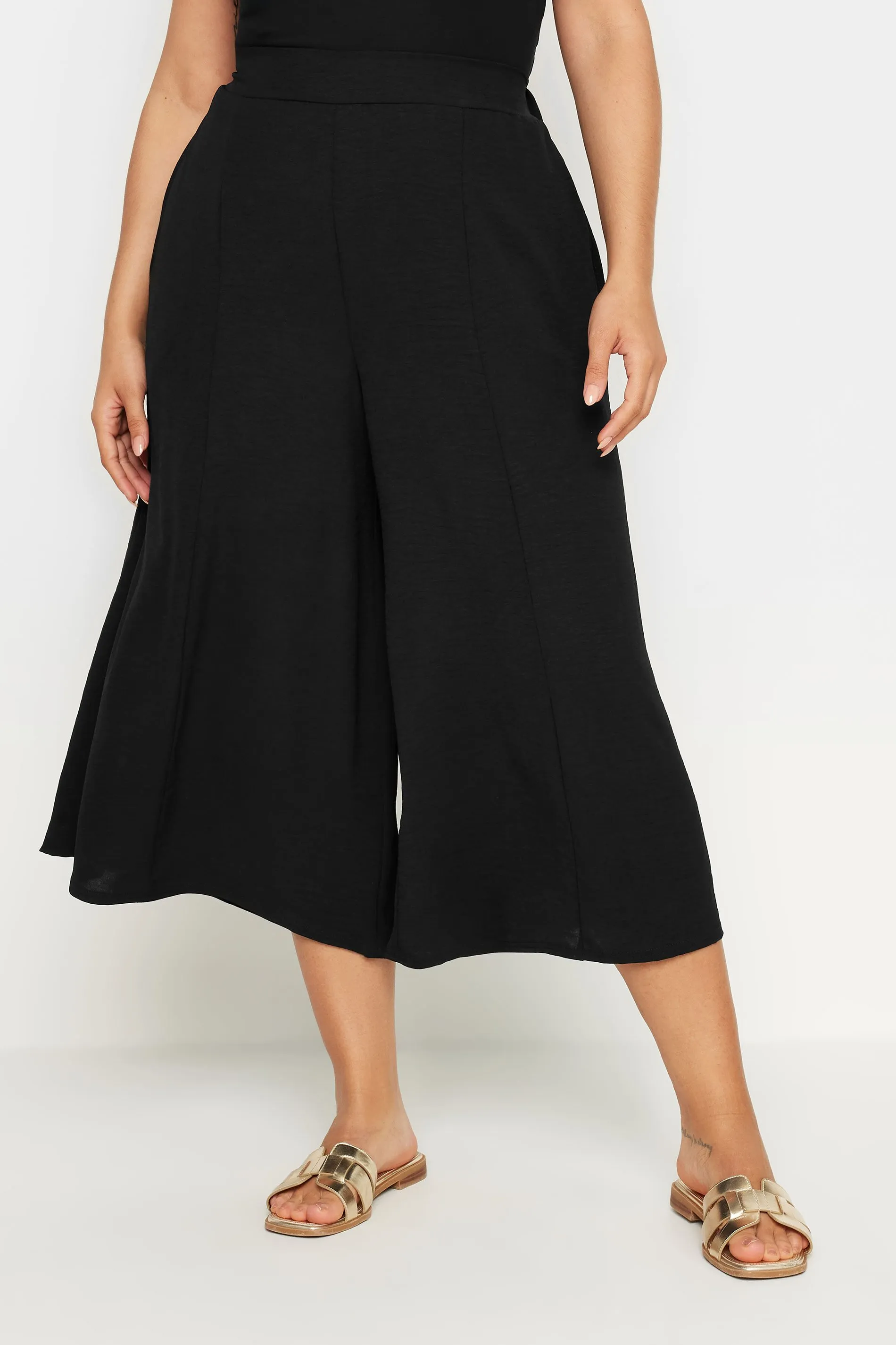 YOURS Curve Black Hammered Satin Wide Leg Culottes