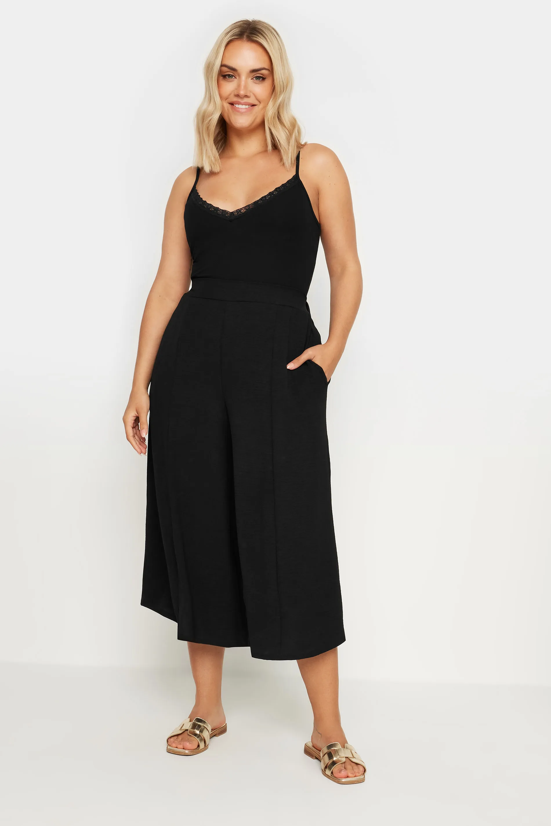 YOURS Curve Black Hammered Satin Wide Leg Culottes