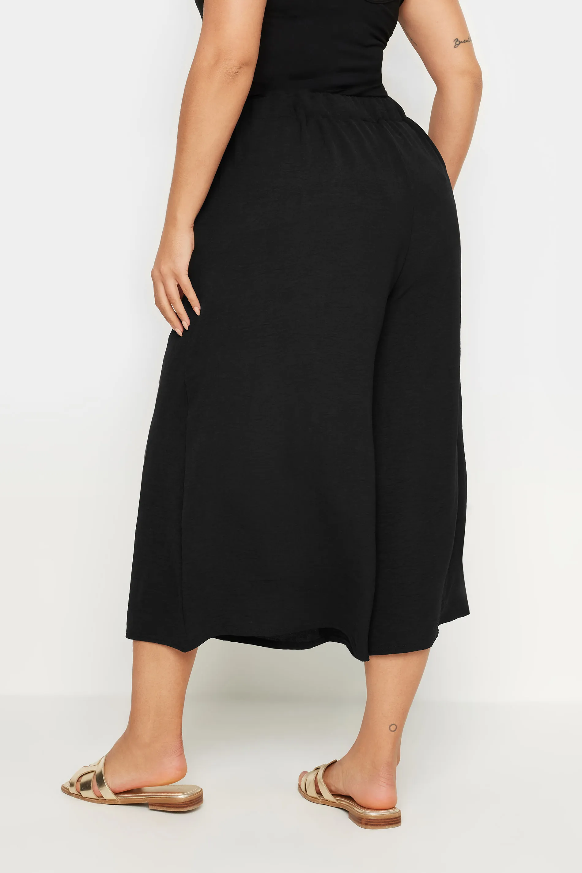 YOURS Curve Black Hammered Satin Wide Leg Culottes