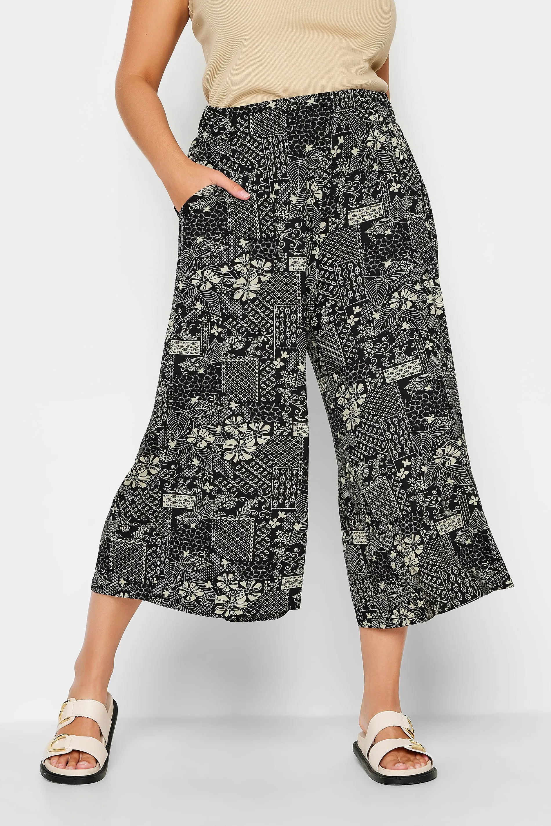 YOURS Curve Black Leaf Print Midaxi Culottes