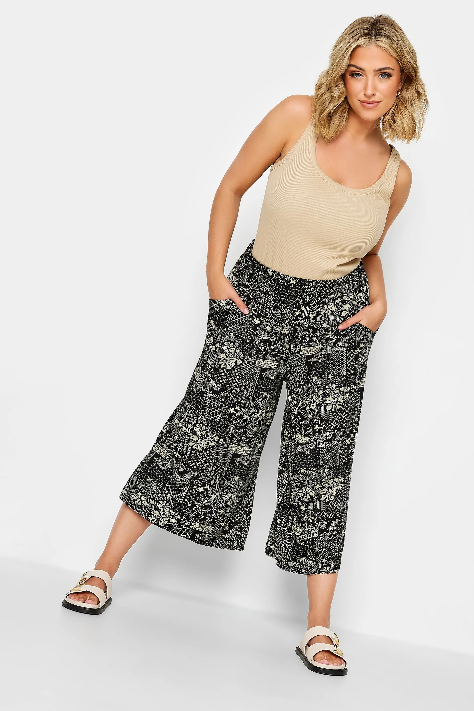 YOURS Curve Black Leaf Print Midaxi Culottes