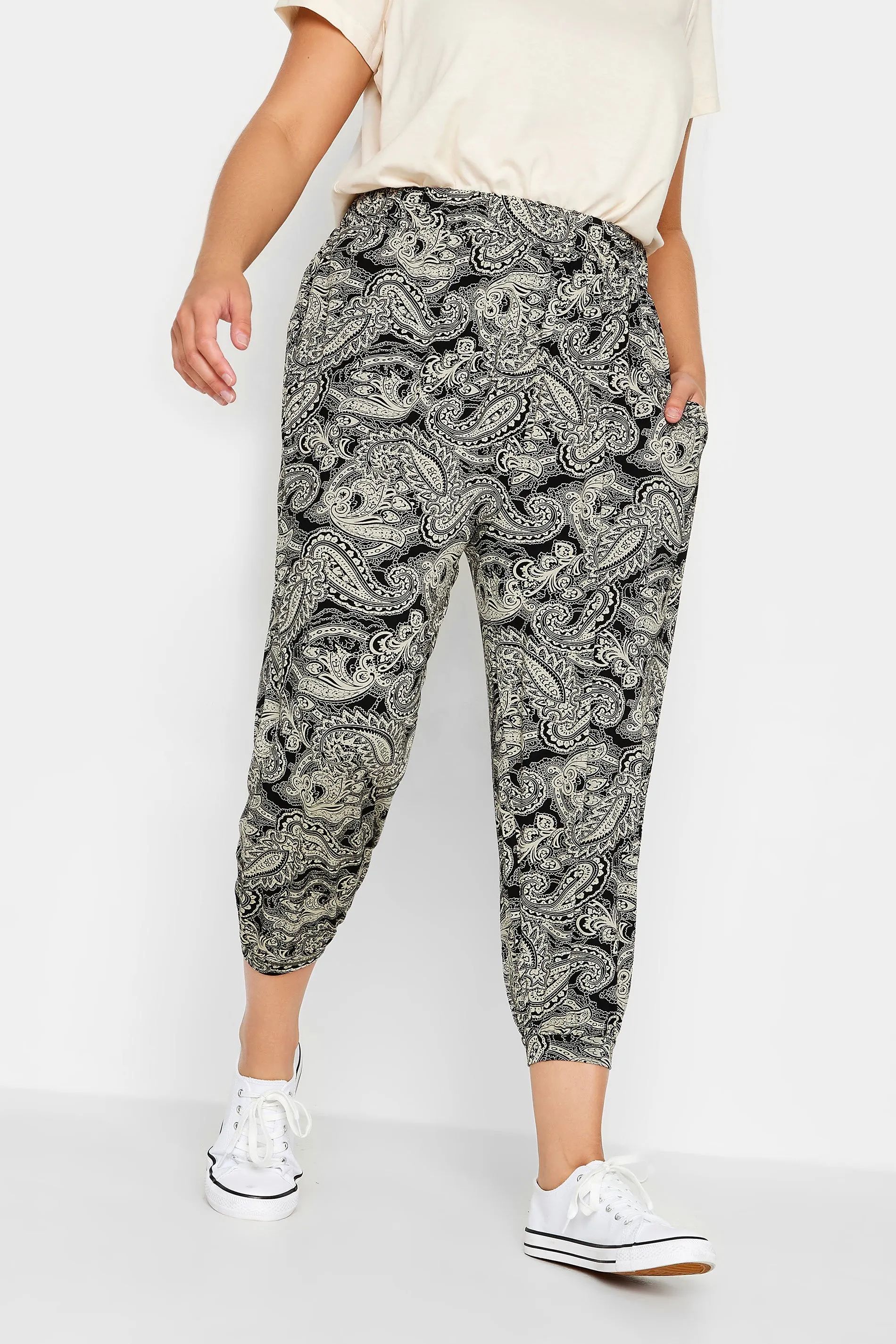 YOURS Curve Black Paisley Print Cropped Harem Joggers