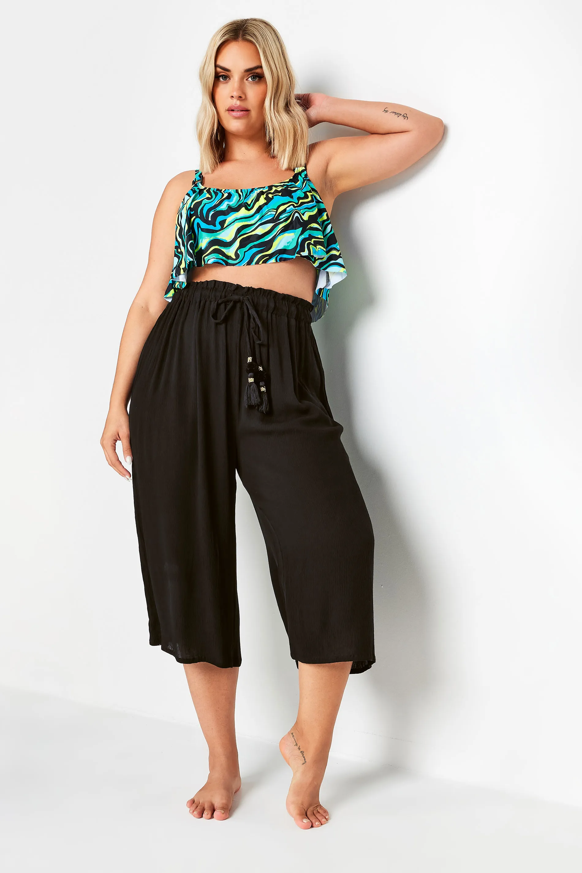 YOURS Curve Black Tassel Detail Wide Leg Beach Culottes