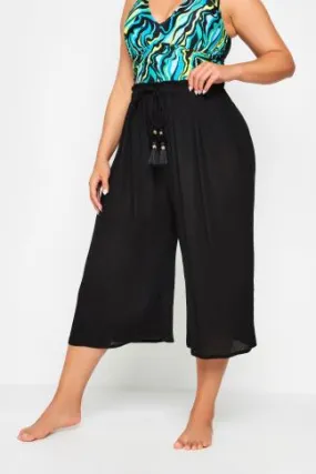 YOURS Curve Black Tassel Detail Wide Leg Beach Culottes