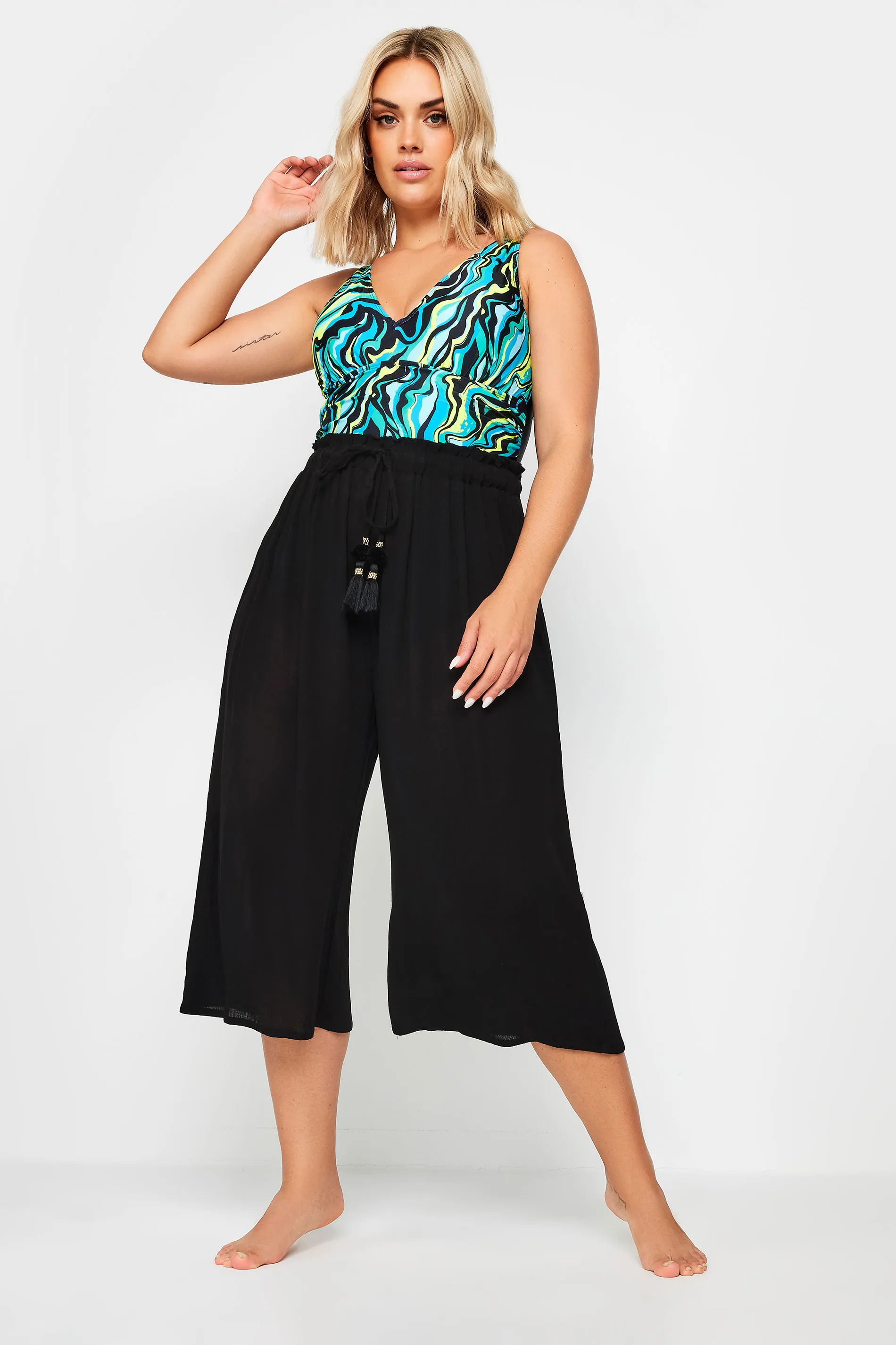 YOURS Curve Black Tassel Detail Wide Leg Beach Culottes