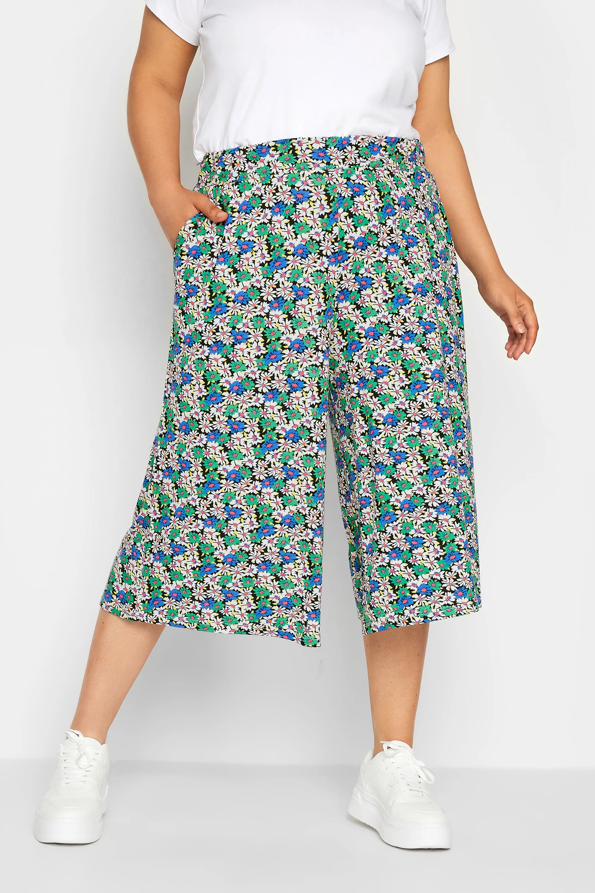 YOURS Curve Blue & Black Flower Print Culottes