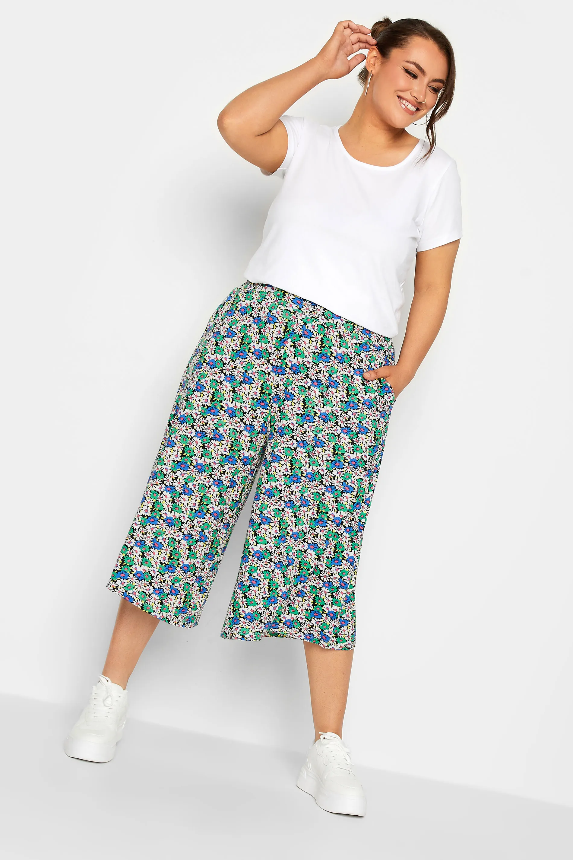 YOURS Curve Blue & Black Flower Print Culottes