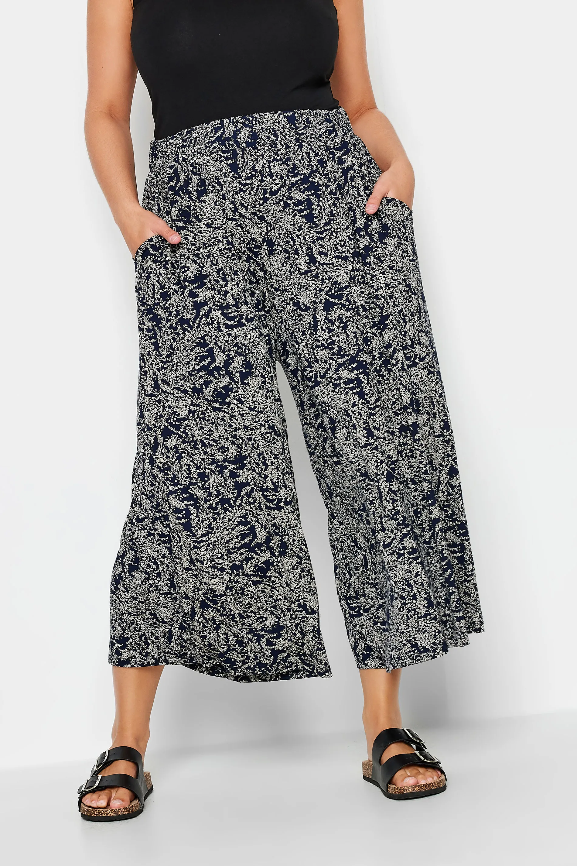 YOURS Curve Navy Blue Ditsy Floral Print Midaxi Culottes