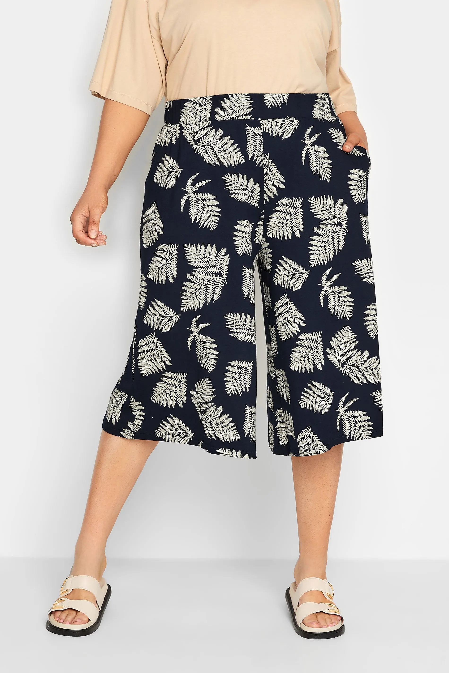 YOURS Curve Navy Blue Leaf Print Culottes