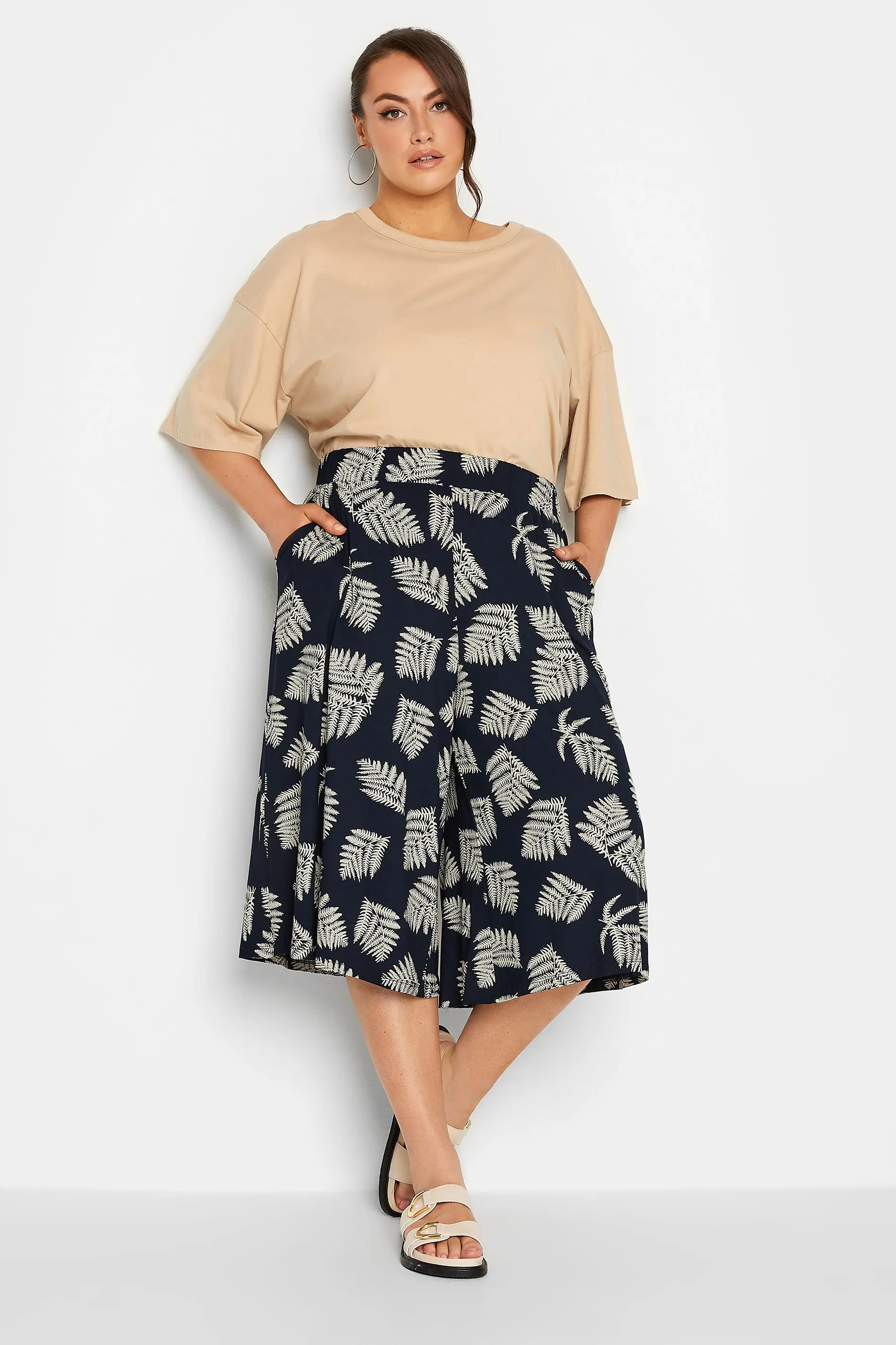 YOURS Curve Navy Blue Leaf Print Culottes