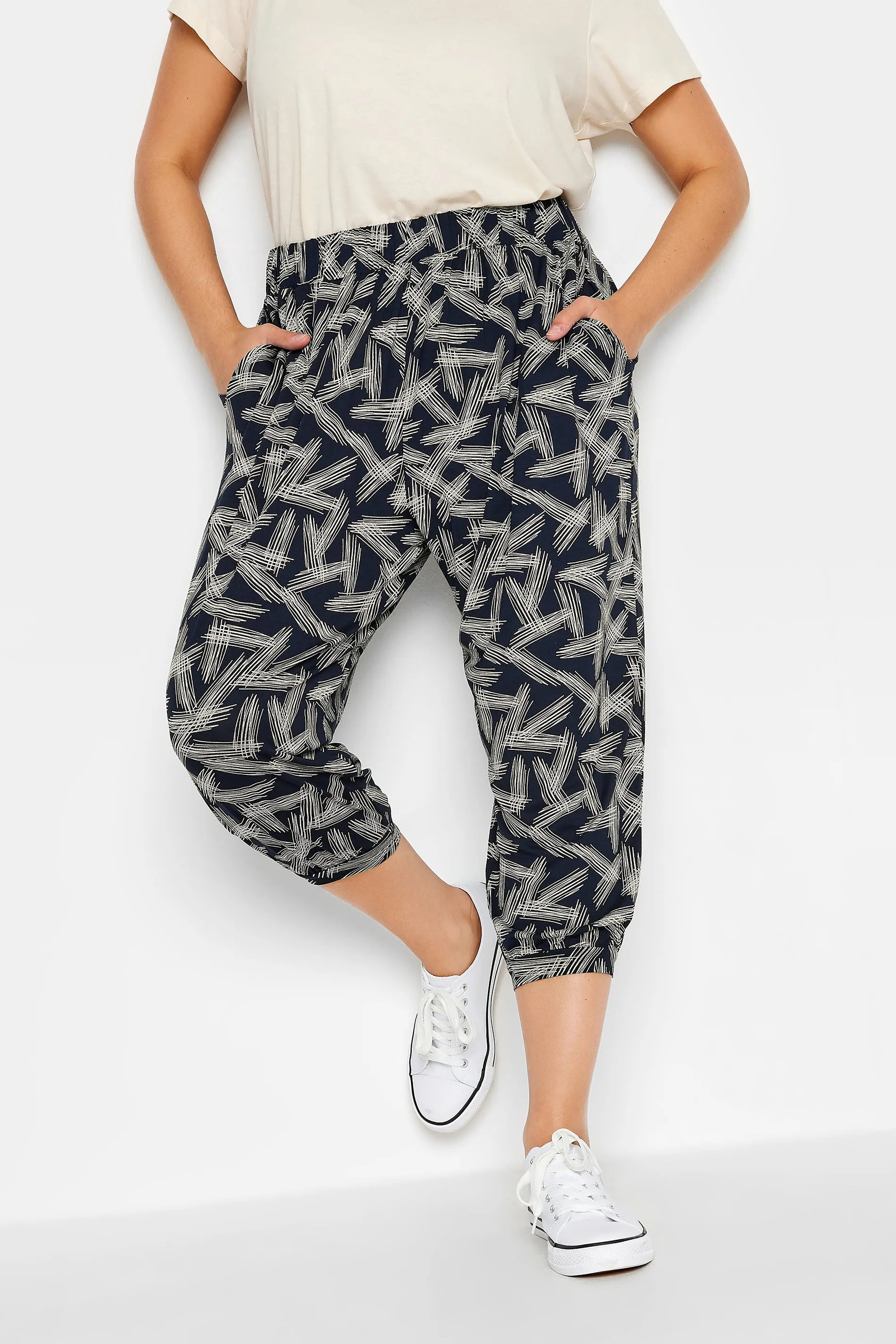 YOURS Curve Navy Blue Stripe Print Cropped Harem Joggers