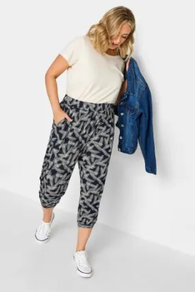 YOURS Curve Navy Blue Stripe Print Cropped Harem Joggers