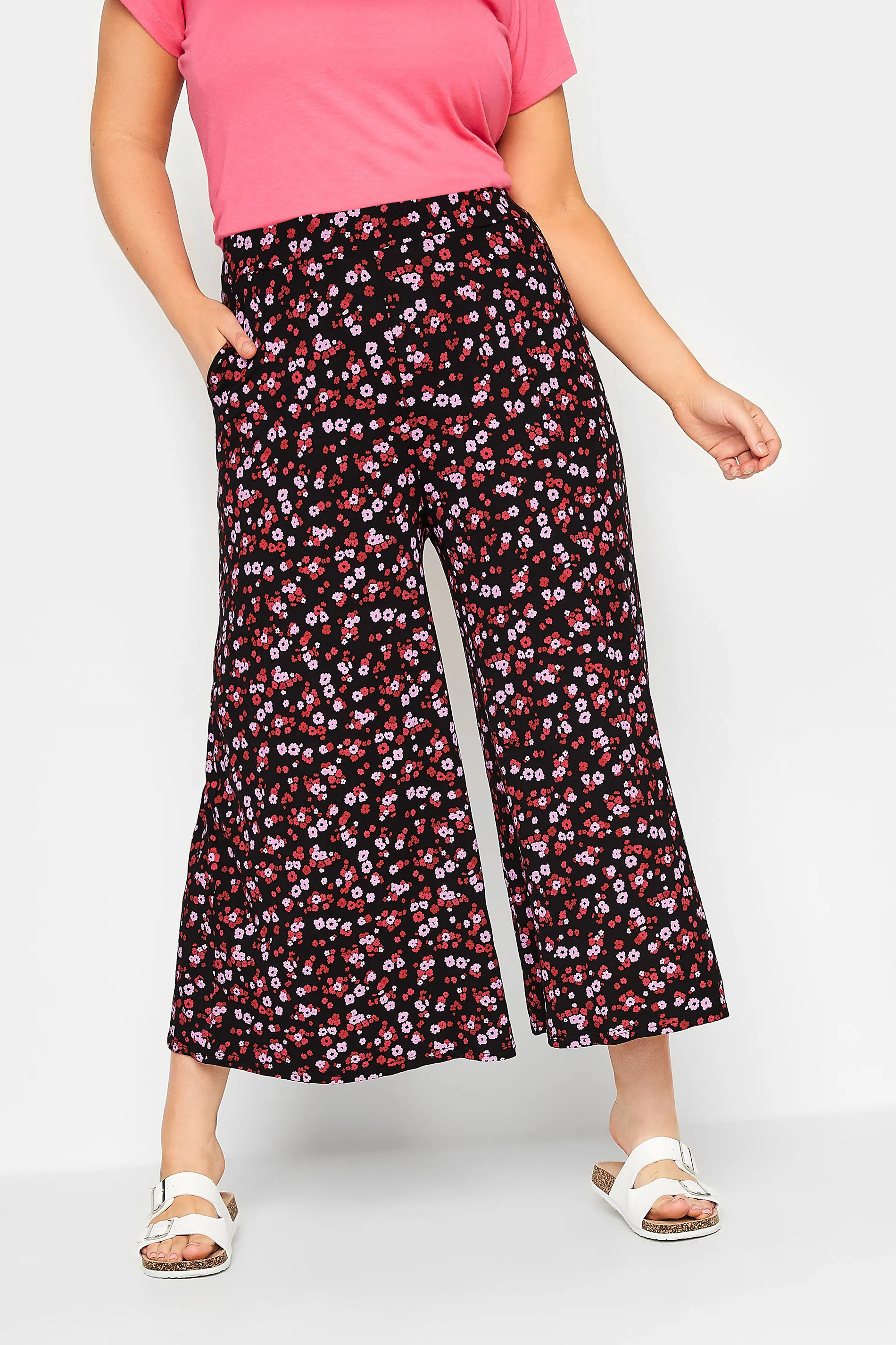 YOURS Curve Red and Pink Floral Midaxi Culottes