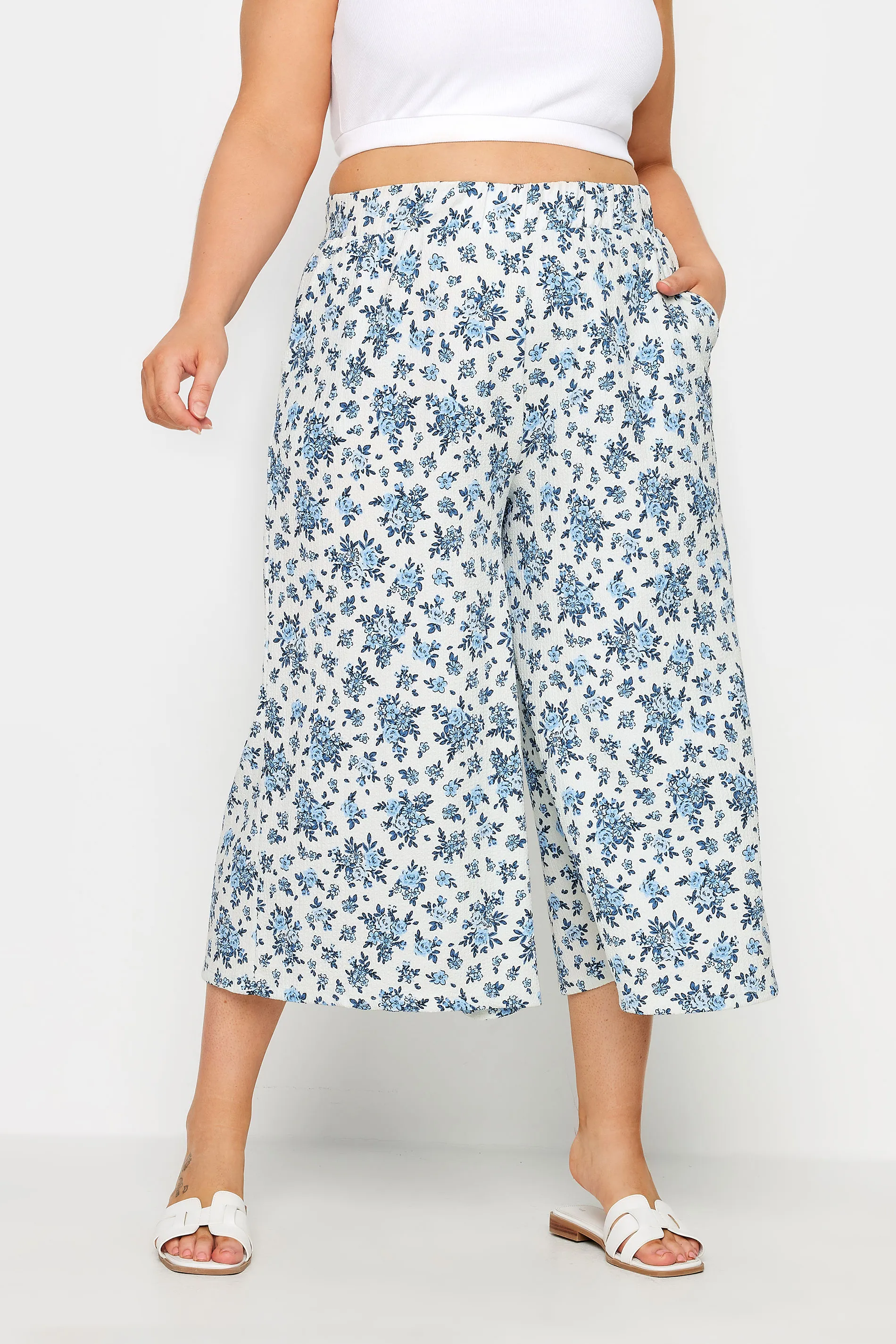 YOURS Curve White Vintage Floral Textured Culottes